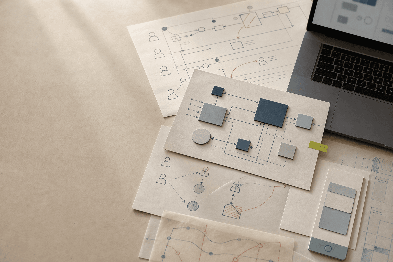 Abstract workflow map showing enterprise systems, business handoffs and mobile software