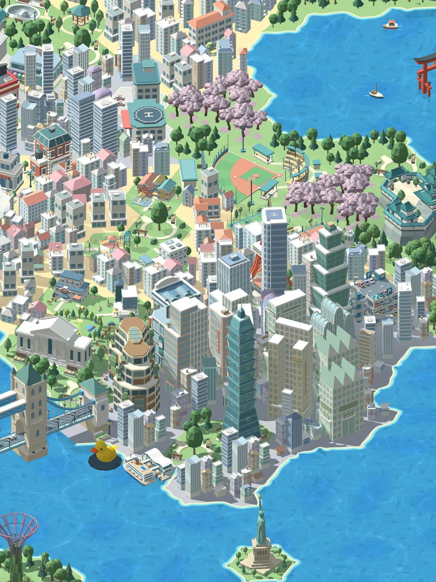 白天的 LumaHex City,湖畔建築、橋梁與櫻花樹清晰可見